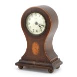 Edwardian inlaid mahogany eight day mantle clock with enamelled dial having Arabic numerals, 19cm