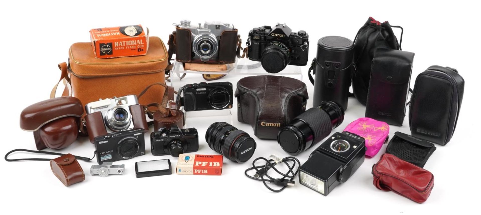 Vintage and later cameras, lenses and accessories including Koroll S, Tokina 28-70mm lens, Canon