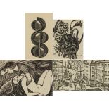 Abstract composition, flowers, line drawing and figures, four wood engravings and lithographs by
