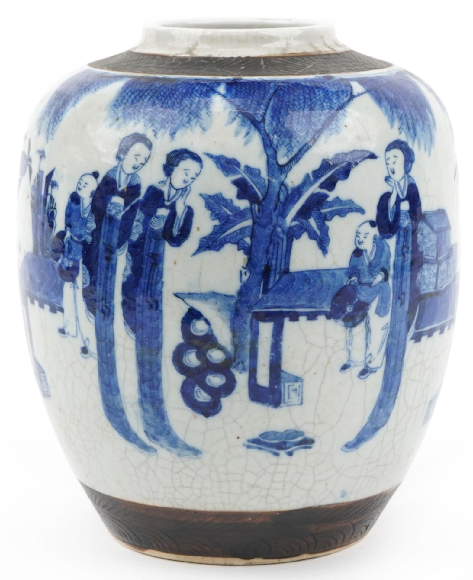 Unusually Large Chinese blue and white crackle glaze porcelain ginger jar hand painted with