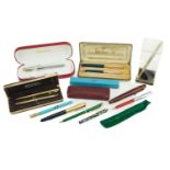 Vintage and later pens including Parker 51 fountain pen and propelling pencil with case and Sheaffer