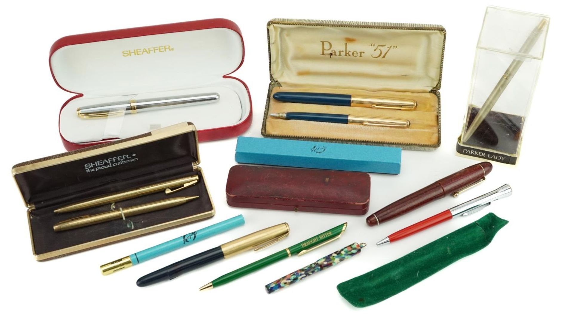 Vintage and later pens including Parker 51 fountain pen and propelling pencil with case and Sheaffer