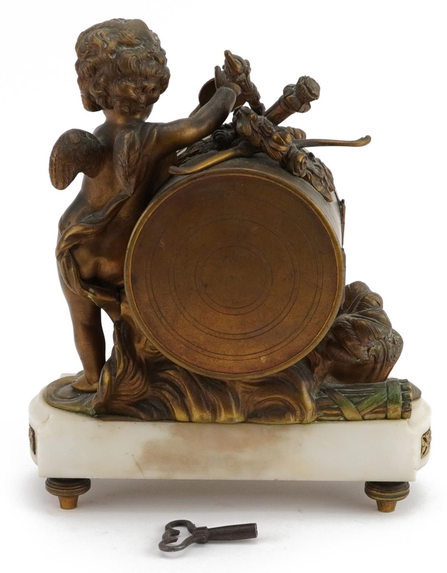 19th century French bronze and marble Putti design mantle clock with circular enamelled dial - Image 3 of 4