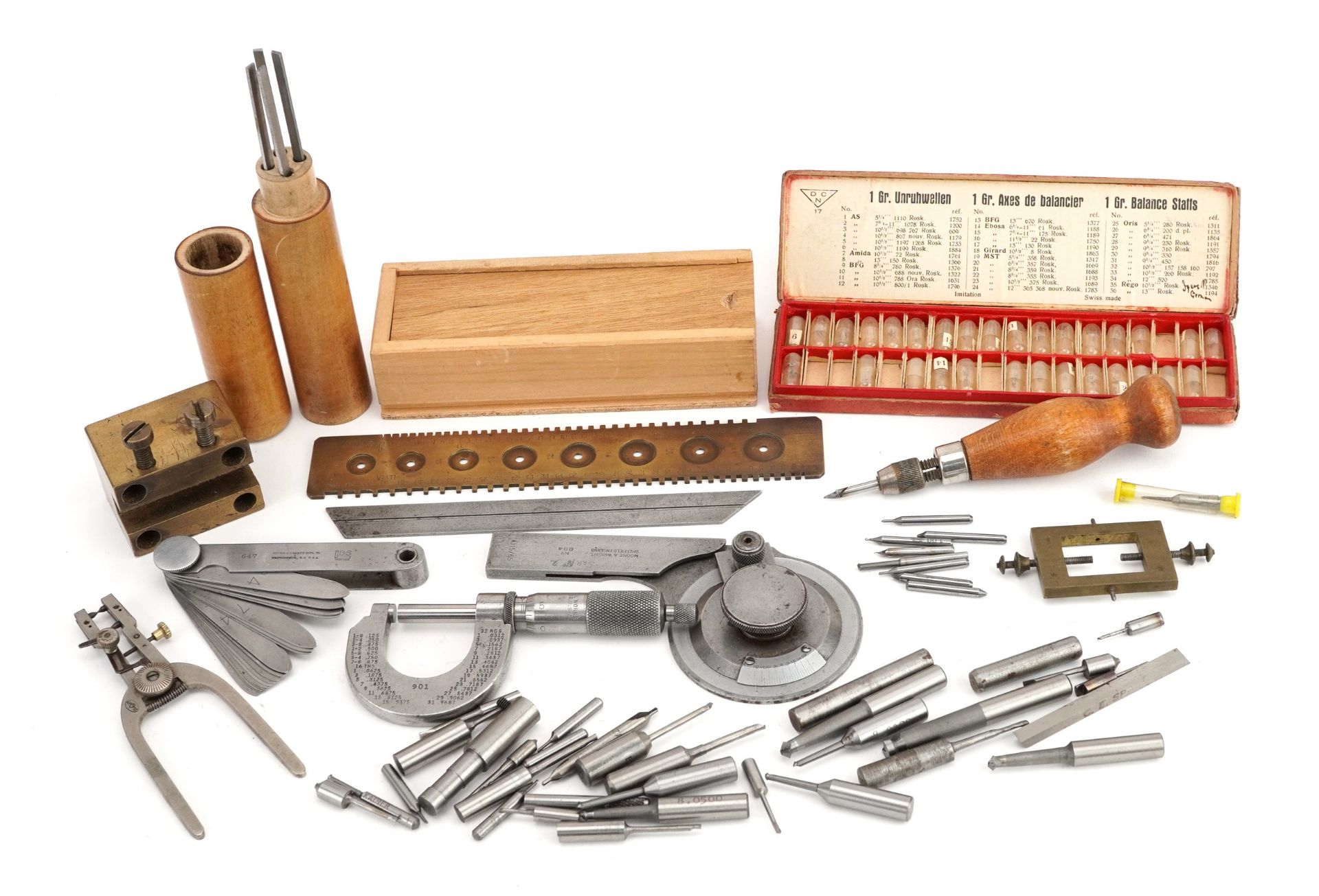 Vintage watchmaker's tools and precision instruments including Beech & Son capsules, Brown &