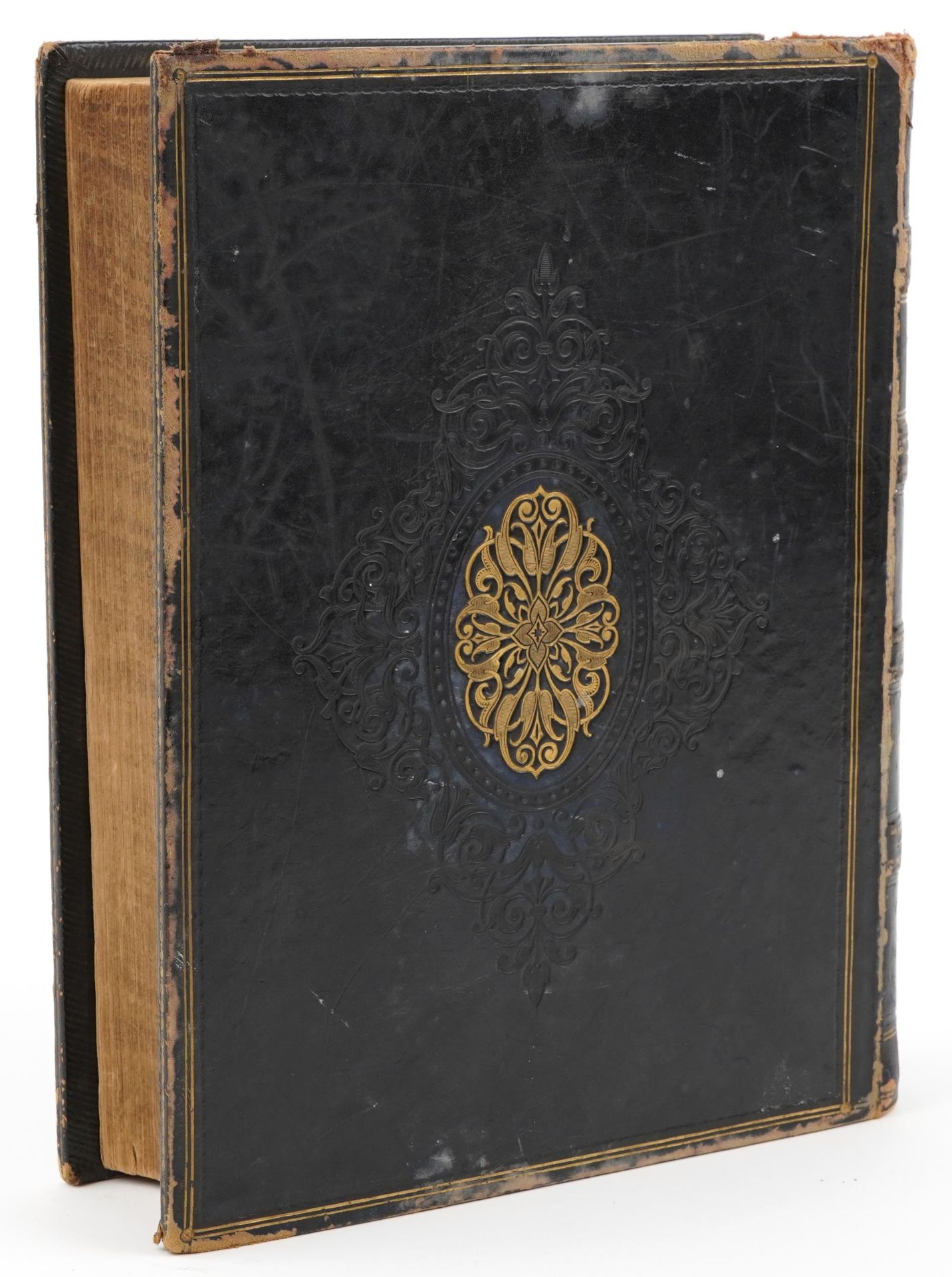 19th century leather bound Holy Bible with family register and coloured plates : For further - Image 4 of 4