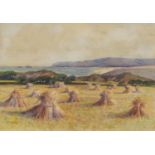 William T Wright - Hayricks before water, late 19th/early 20th century watercolour, inscribed