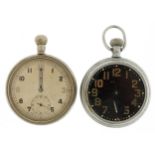 Two British military issue open face pocket watches, one case inscribed 6E/50 A28125 and the other