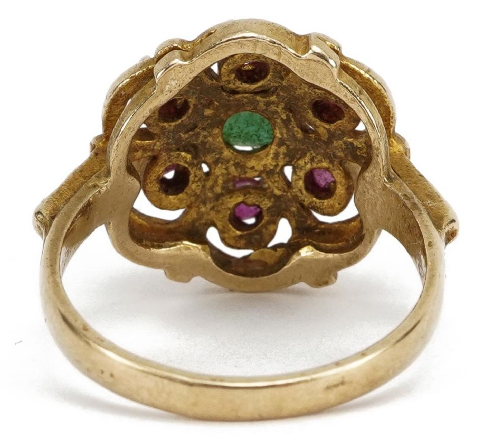 9ct gold emerald and ruby flower head ring, the emerald approximately 4.9mm in diameter, size O, 4. - Image 2 of 5