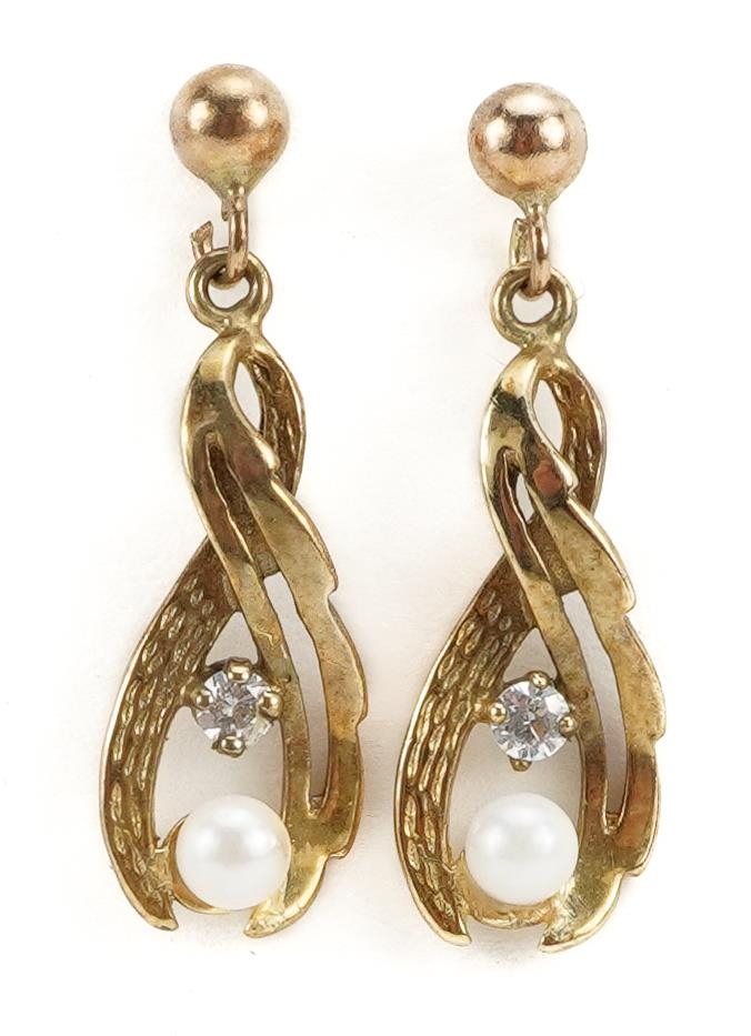 Pair of 9ct gold clear stone and pearl drop earrings, 2.2cm high, 1.2g : For further information