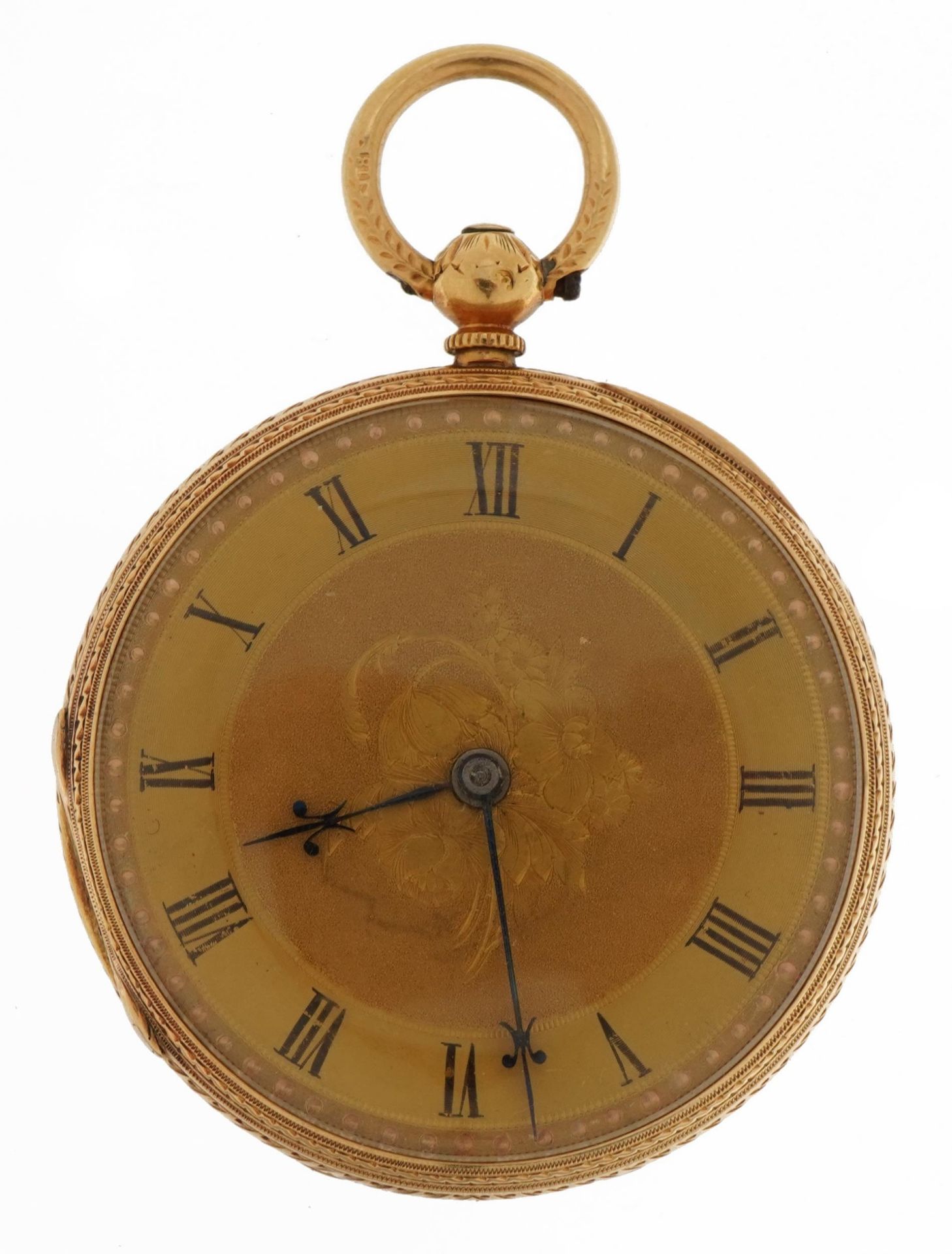 18ct gold ladies open face pocket watch with ornate gilt dial, 38mm in diameter, 48.8g : For further