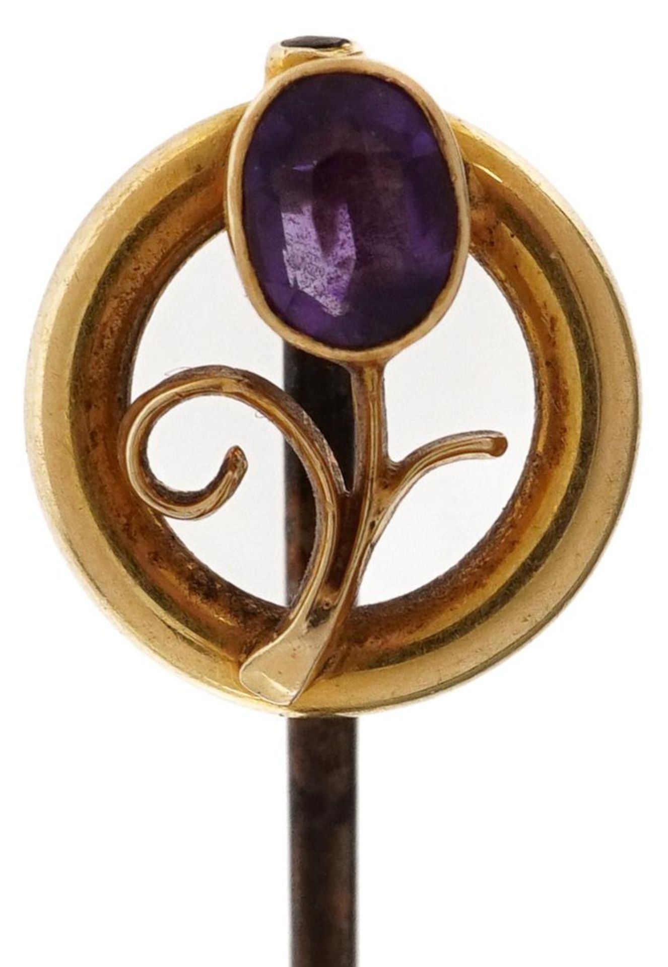 Victorian 15ct gold floral amethyst stickpin, 4.5cm in length, 2.2g : For further information on