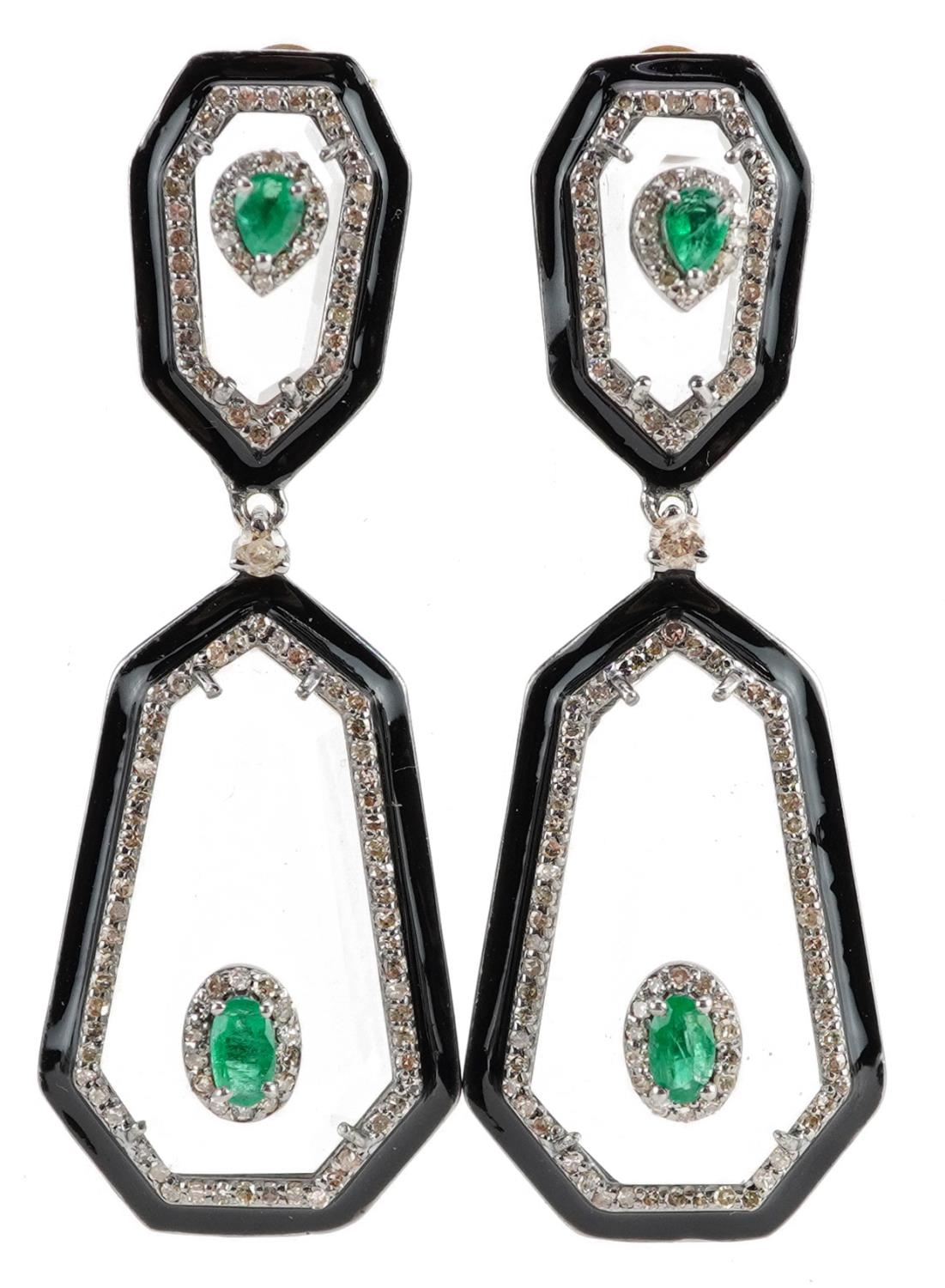 Pair of Art Deco style 14ct gold black enamel and crystal drop earrings set with diamonds and