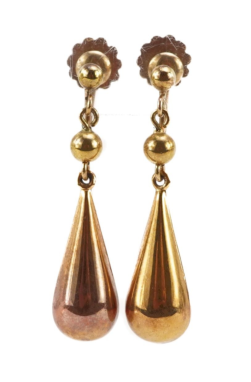 Pair of 9ct gold drop earrings, 3.2cm high, 2.0g : For further information on this lot please