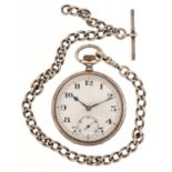 Gentlemen's silver open face pocket watch with subsidiary dial on a silver watch chain with T bar,