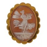 9ct gold mounted cameo brooch carved with a female playing a harp housed in a tooled leather box,