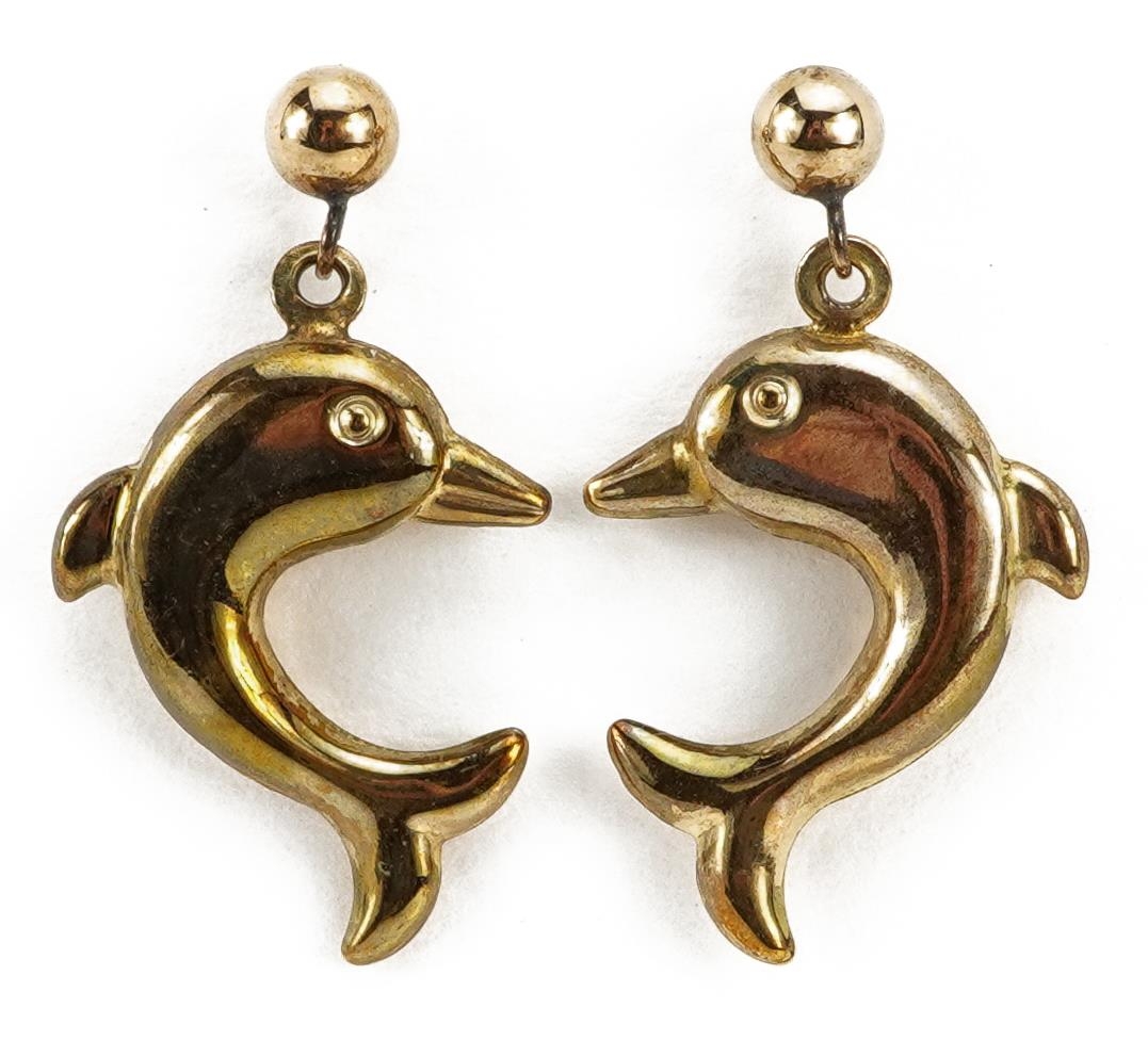 Pair of 9ct gold dolphin drop earrings, 2.6cm high, 1.5g : For further information on this lot