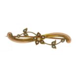 Edwardian 9ct gold seed pearl floral bar brooch housed in a tooled leather box, 4cm wide, 2.0g : For