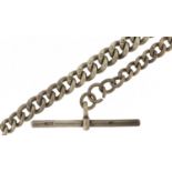 Silver graduated watch chain with T bar and jewellery clasp, 33cm in length, 34.0g : For further