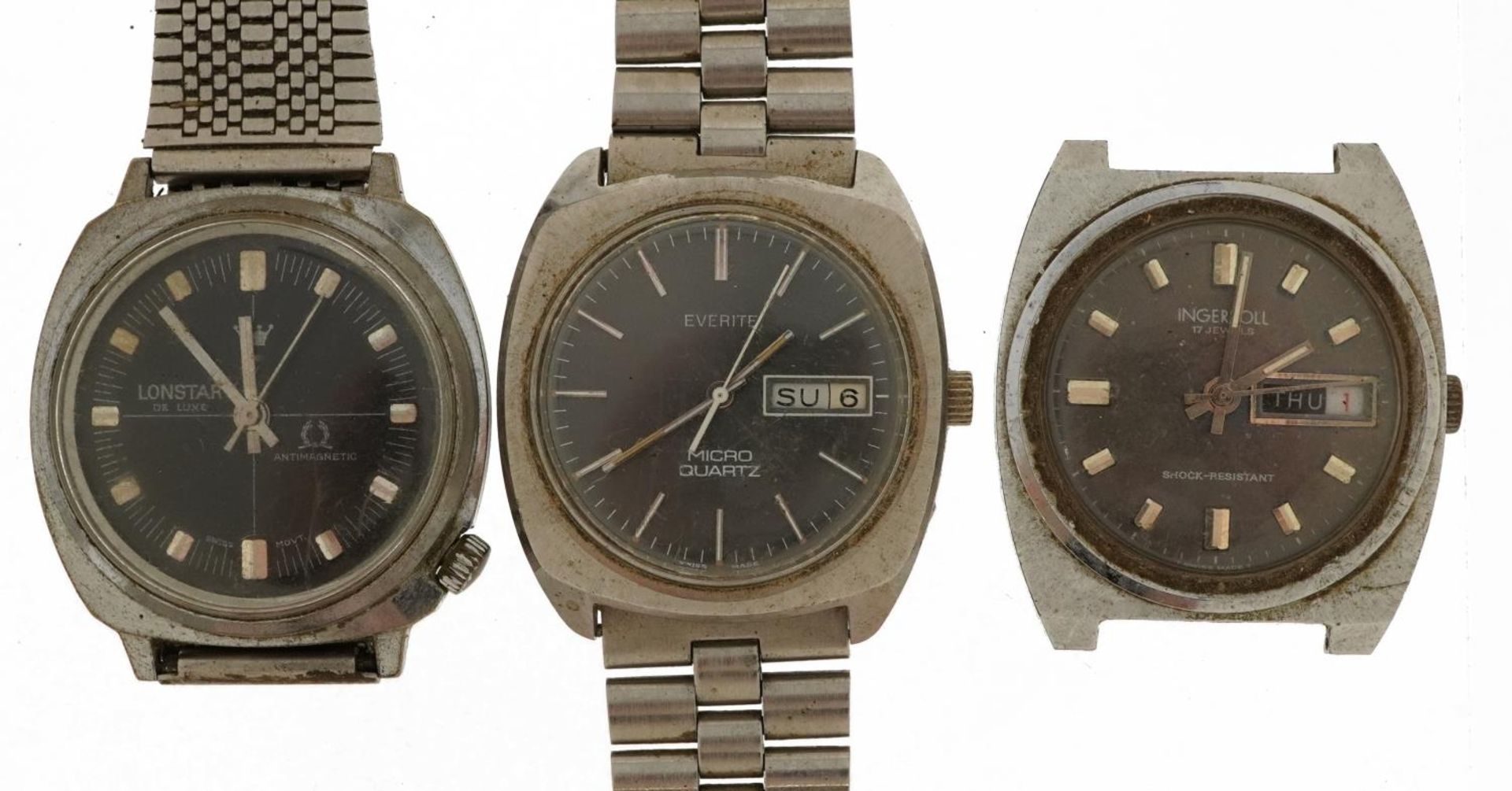 Three gentlemen's wristwatches, two with date apertures, comprising Everite, Lonstar and Ingersoll :