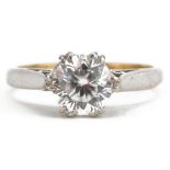 18ct gold white sapphire solitaire ring, the white sapphire approximately 6.5mm in diameter, size K,