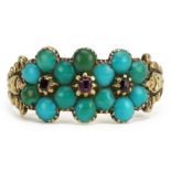 Victorian unmarked gold turquoise and ruby triple flower head ring with scrolled shoulders, size K/