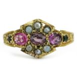 Victorian 15ct gold ring with engraved band set with a ruby, seed pearls and green stones,