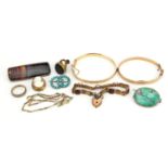 Antique and later jewellery including silver turquoise brooch, two 9ct gold metal core bangles, gate