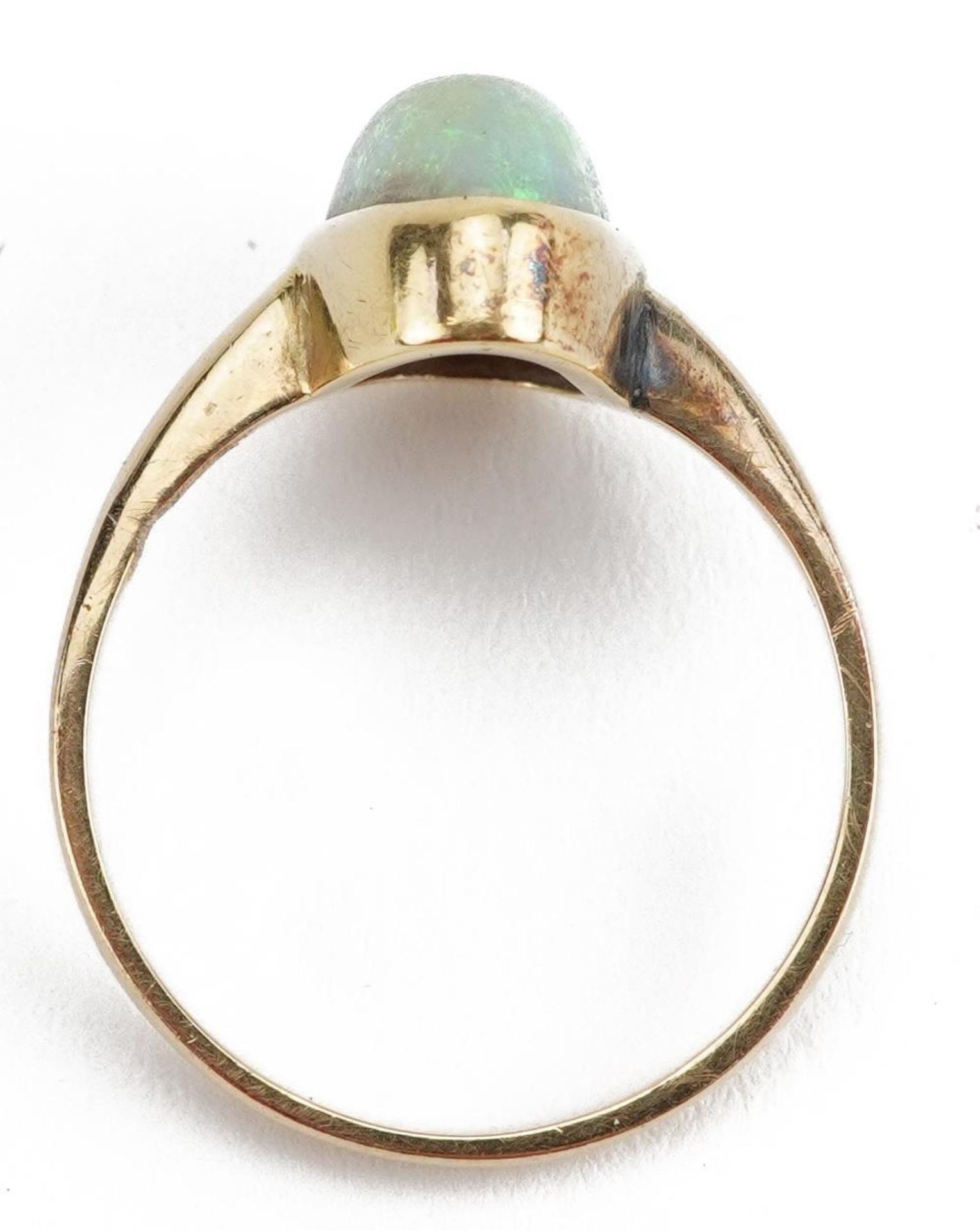 Unmarked gold cabochon opal ring, tests as 18ct gold, the opal approximately 12.0mm x 7.0mm, size O, - Image 3 of 3