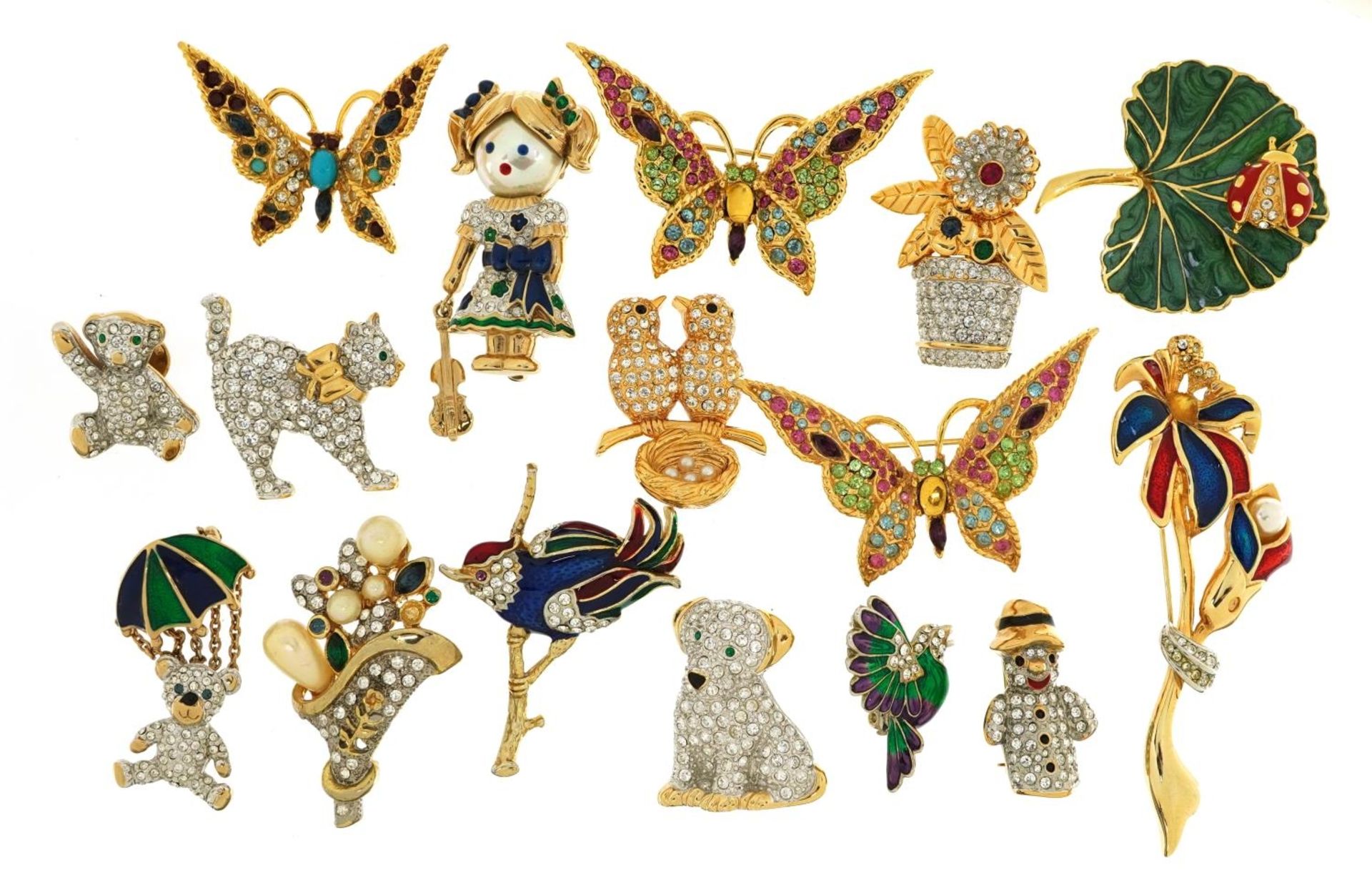 Collection of jewelled and enamel brooches including Butler & Wilson, the largest 7.5cm wide : For