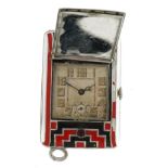 Art Deco chrome and enamel travel pocket watch, 4.5cm in length : For further information on this