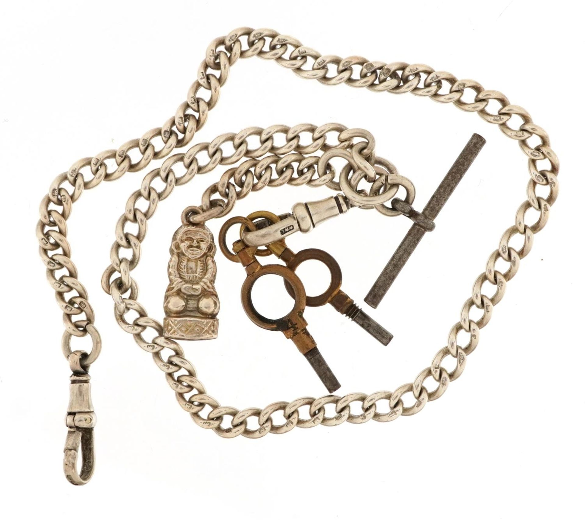 Gentlemen's silver watch chain with T bar, charm and two watch keys, total 41.3g : For further - Image 2 of 3