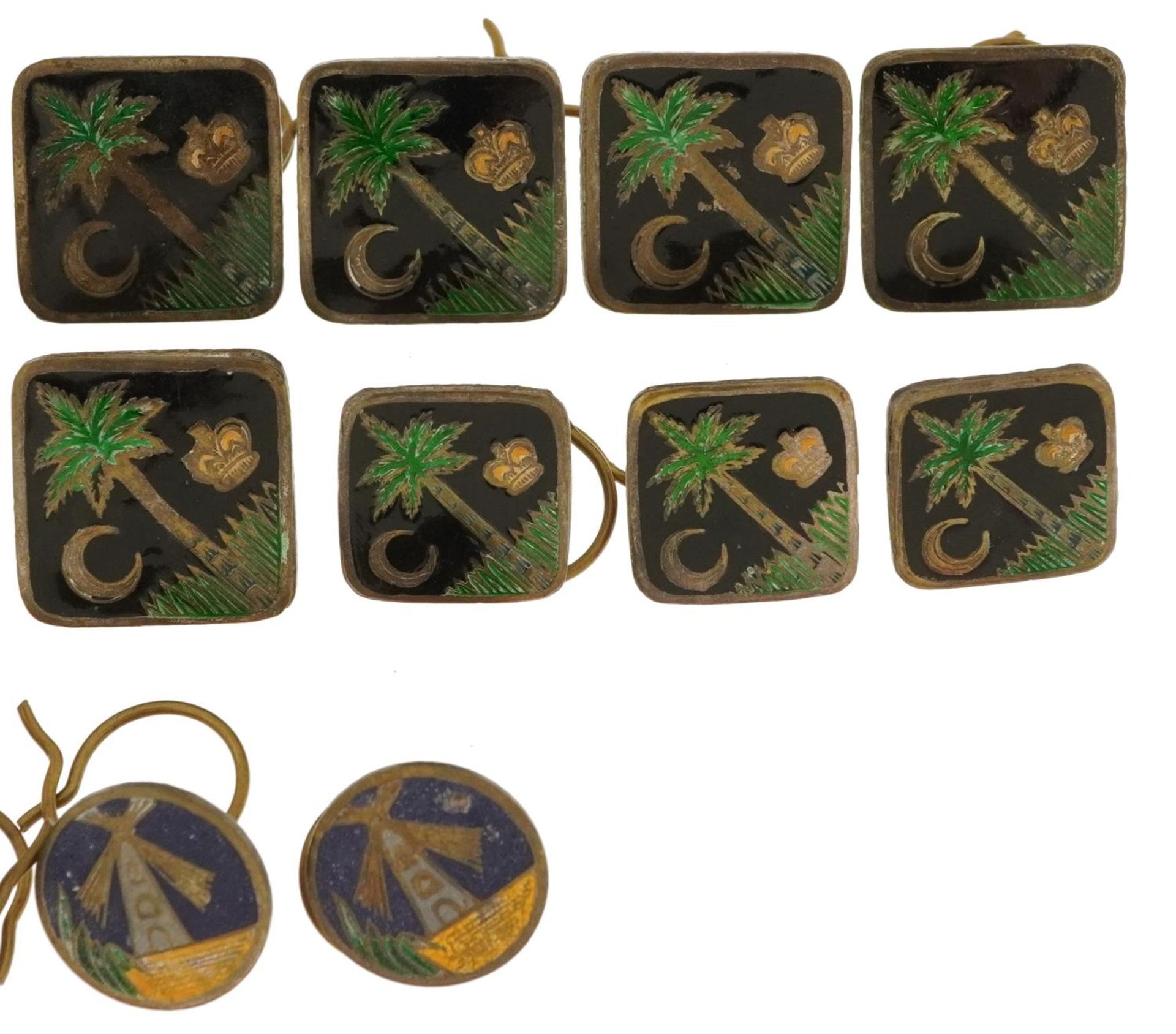 Indian Bharath Button Factory buttons including a set of six with enamelled palm trees and set of - Image 3 of 4