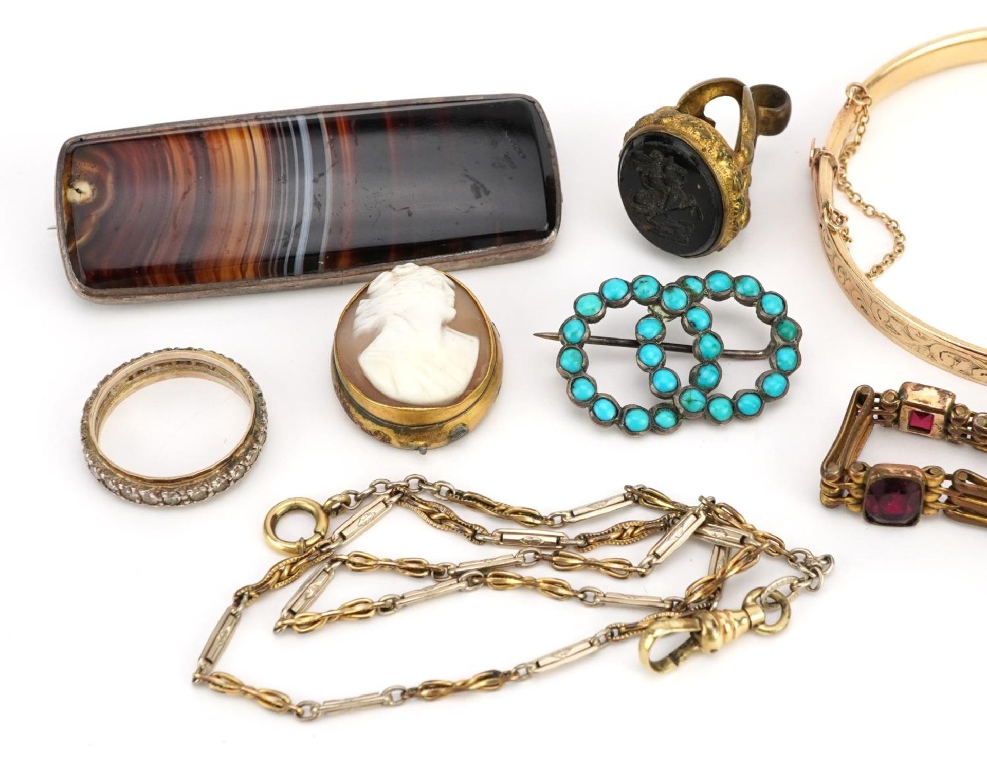 Antique and later jewellery including silver turquoise brooch, two 9ct gold metal core bangles, gate - Image 2 of 5