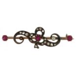 Antique unmarked gold diamond, ruby and seed pearl three leaf clover bar brooch, the largest ruby