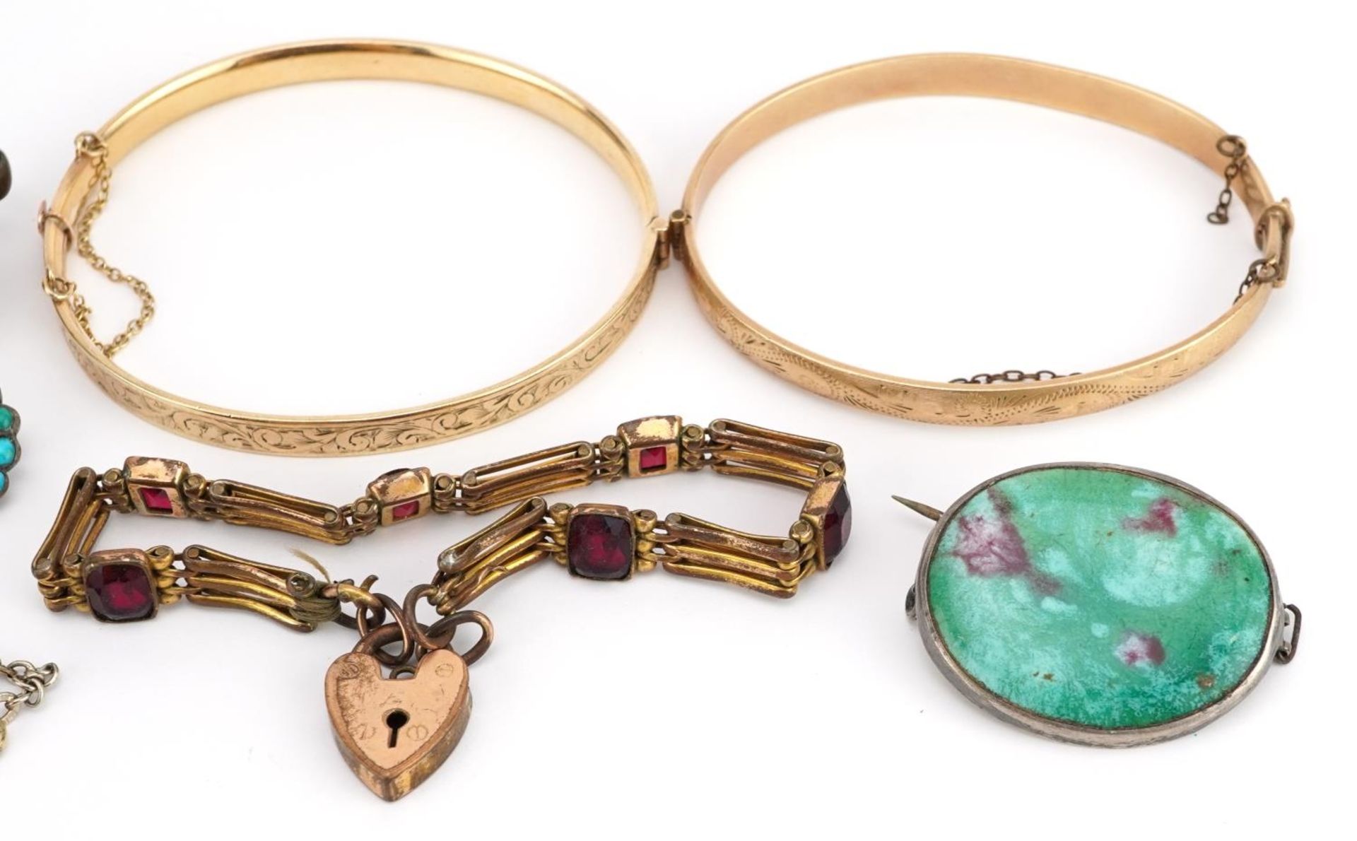 Antique and later jewellery including silver turquoise brooch, two 9ct gold metal core bangles, gate - Image 3 of 5