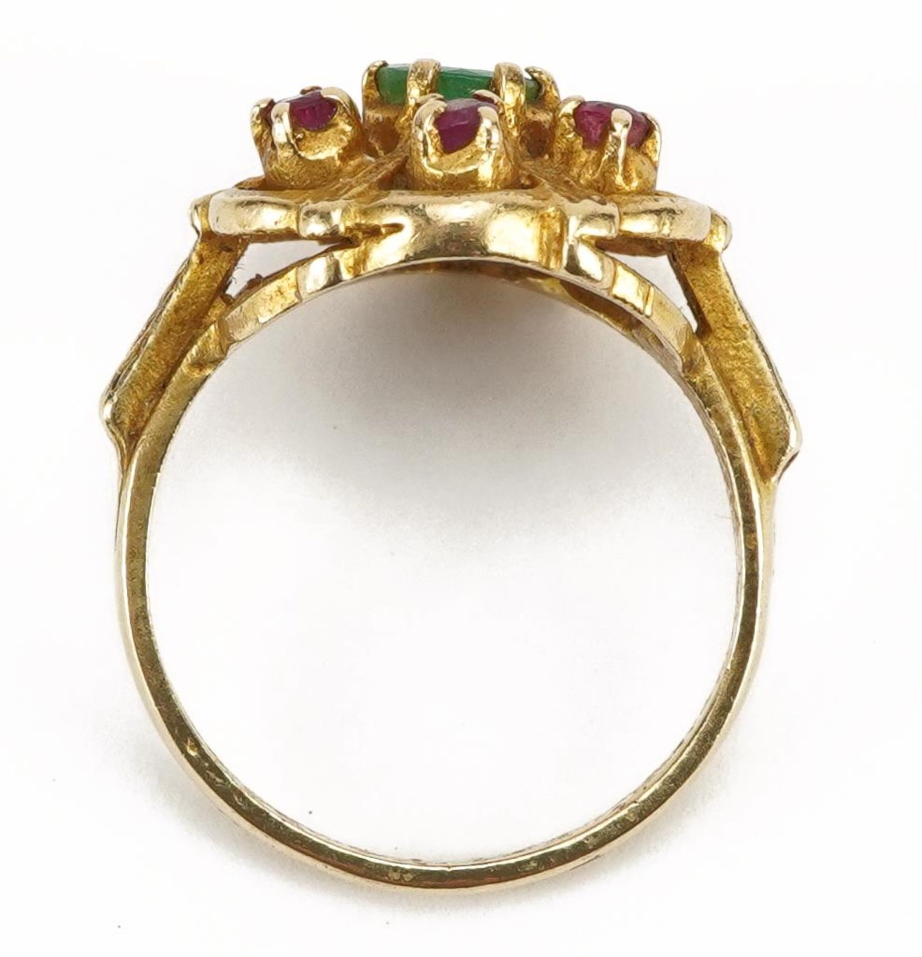 9ct gold emerald and ruby flower head ring, the emerald approximately 4.9mm in diameter, size O, 4. - Image 3 of 5