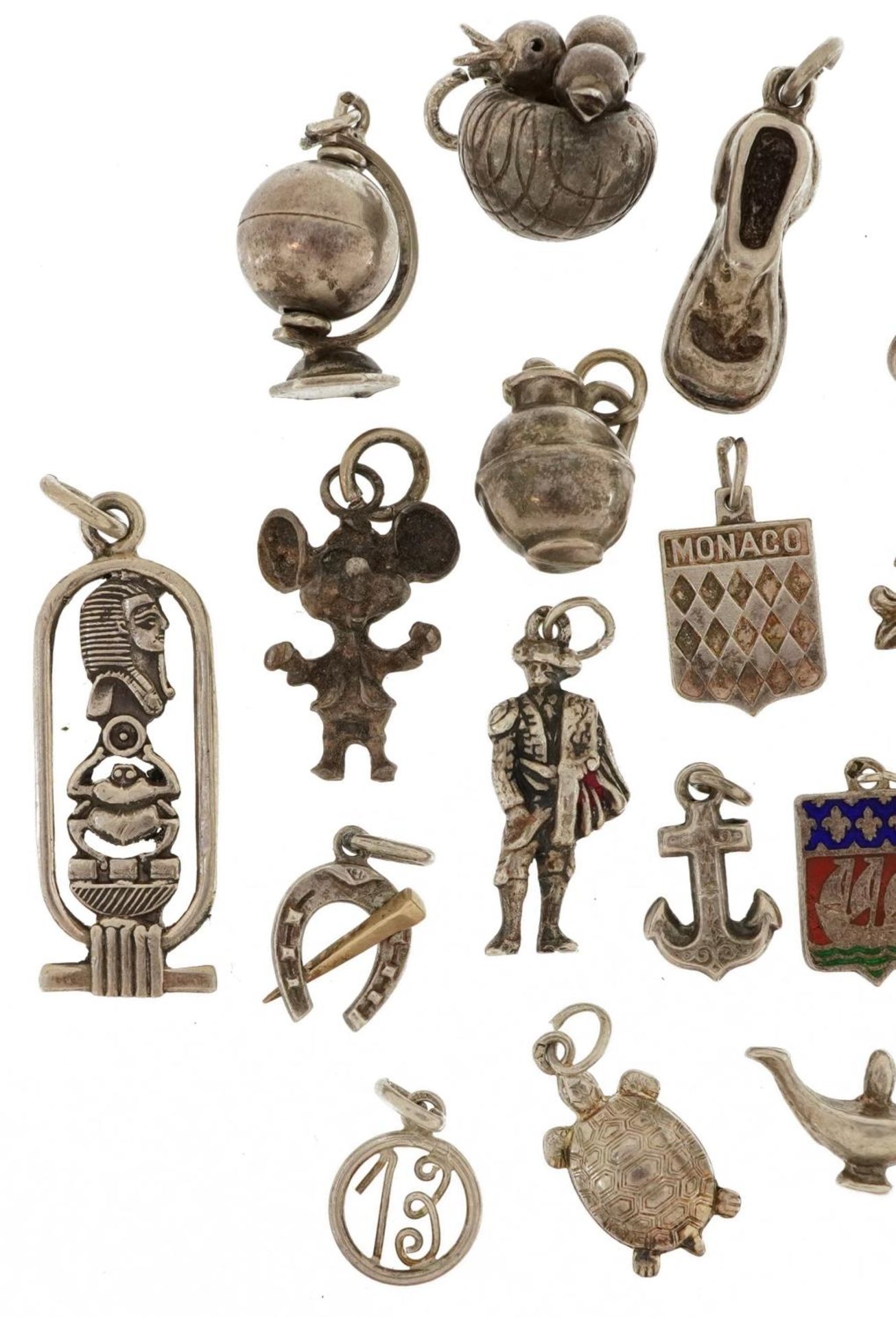 Silver and white metal charms including opening magnifying glass, fleur de lis, enamel bell and - Image 2 of 3
