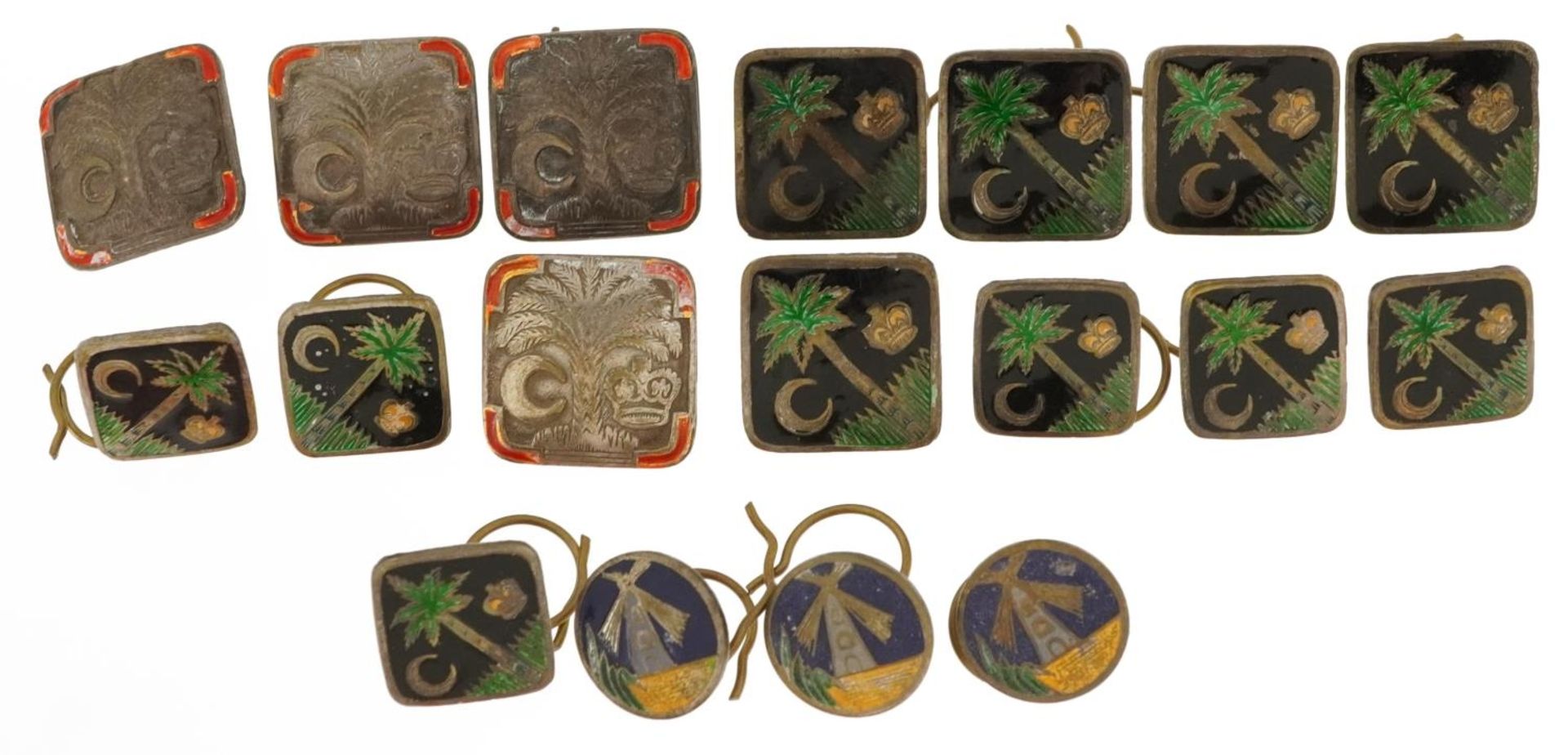 Indian Bharath Button Factory buttons including a set of six with enamelled palm trees and set of