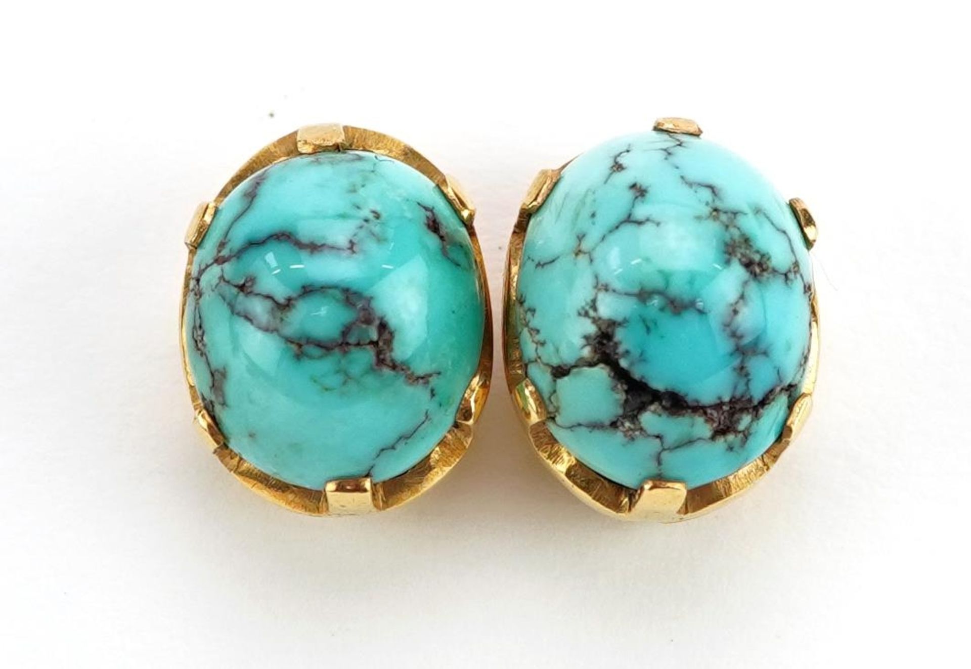 Pair of 9ct gold cabochon turquoise stud earrings, 1.4cm high, 6.4g : For further information on