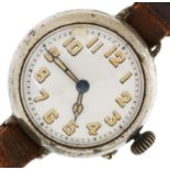 Military interest white metal trench wristwatch with enamelled dial, the case 30mm in diameter : For