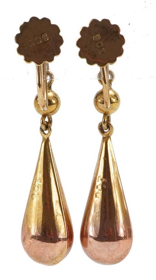 Pair of 9ct gold drop earrings, 3.2cm high, 2.0g : For further information on this lot please - Image 2 of 3