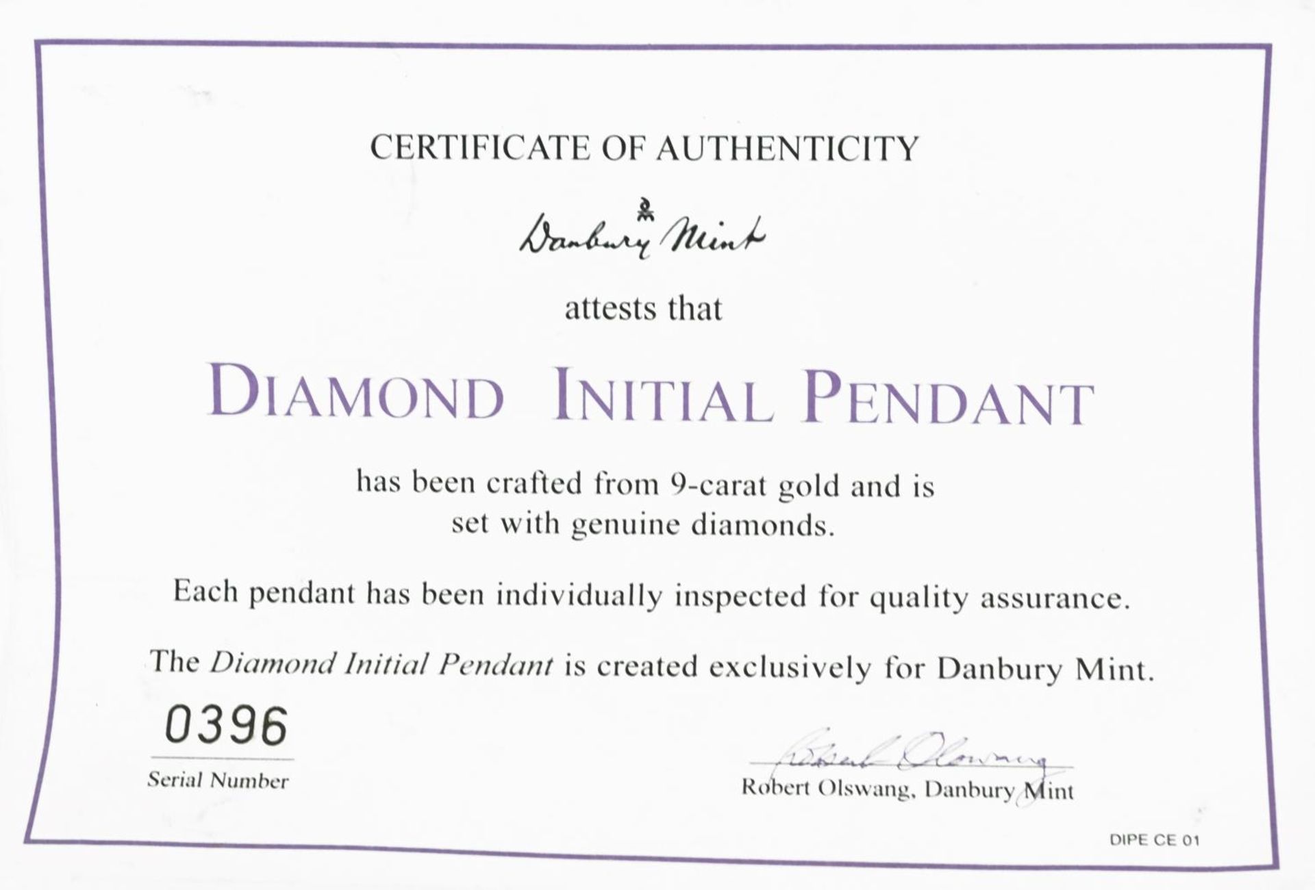 9ct gold diamond initial S pendant on 9ct gold necklace with Danbury Mint certificate of - Image 5 of 5