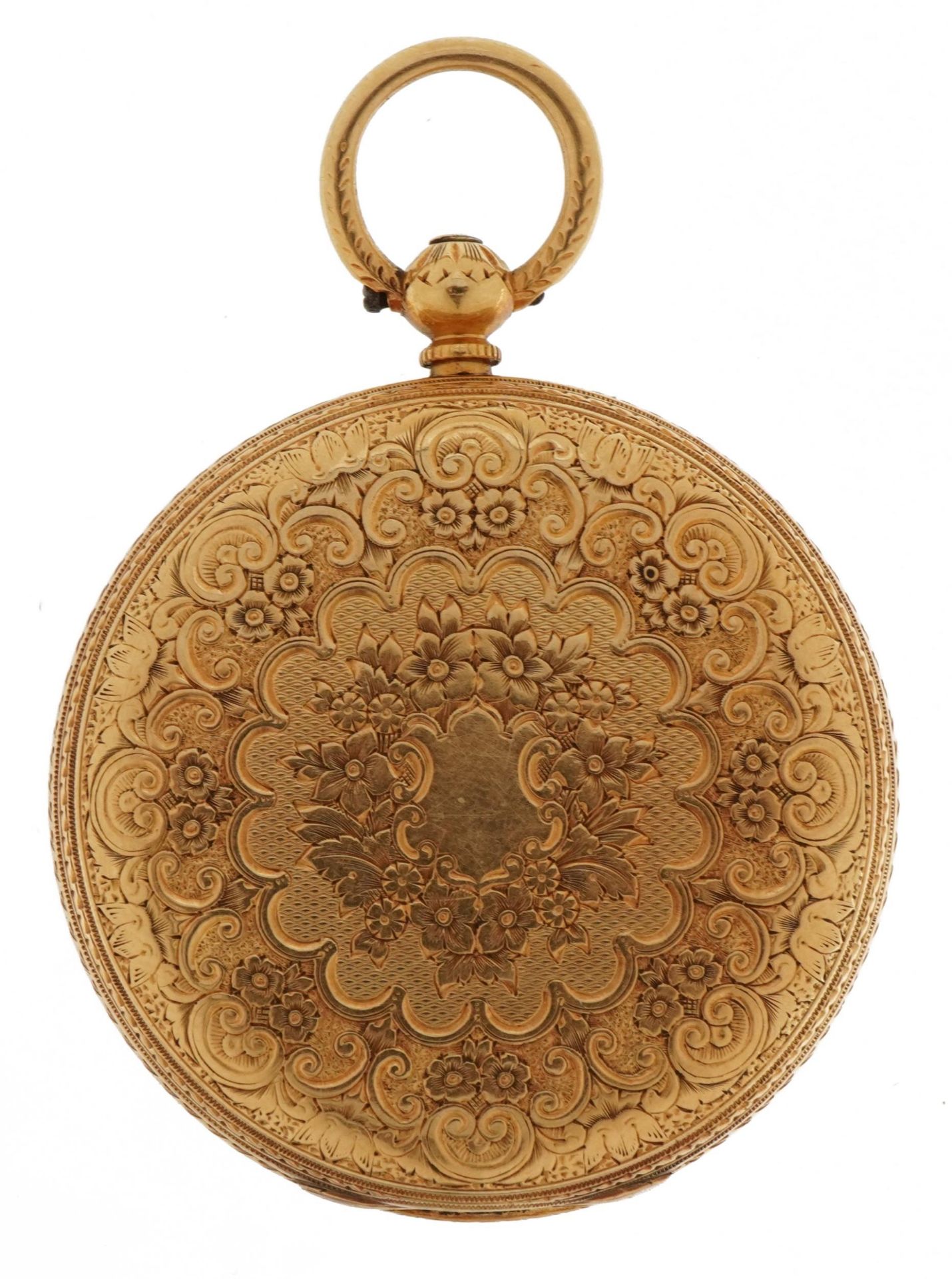 18ct gold ladies open face pocket watch with ornate gilt dial, 38mm in diameter, 48.8g : For further - Image 2 of 4
