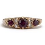 Victorian style 9ct gold ruby and diamond seven stone ring, the largest ruby approximately 3.5mm