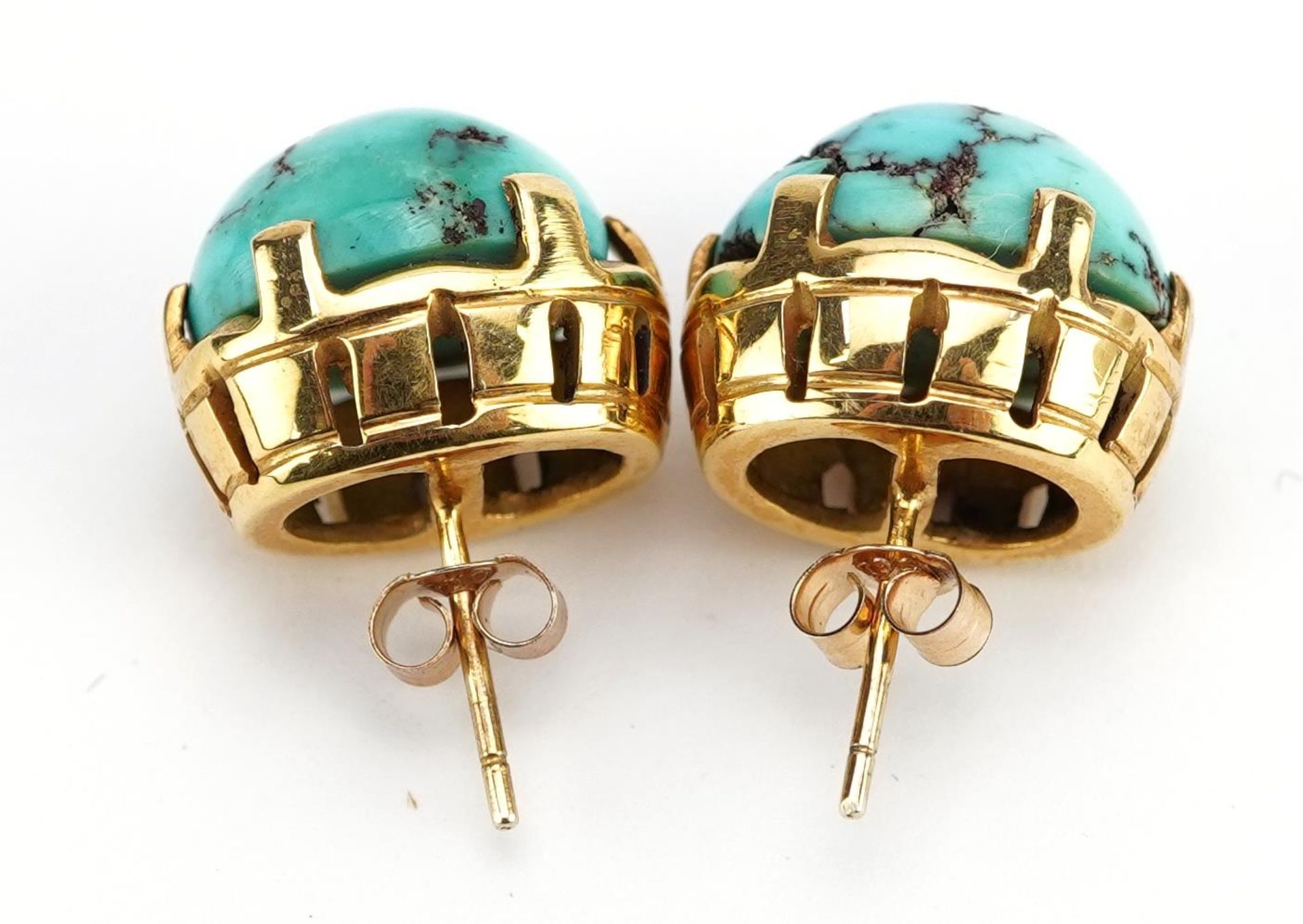 Pair of 9ct gold cabochon turquoise stud earrings, 1.4cm high, 6.4g : For further information on - Image 2 of 2