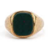 9ct gold bloodstone signet ring housed in a fitted leather box, the bloodstone approximately 11.