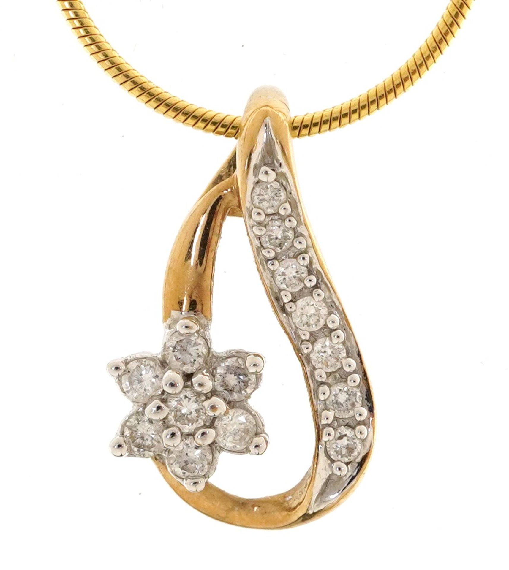 9ct gold diamond flower head pendant on a 9ct gold snake link necklace, 1.6cm high and 45cm in