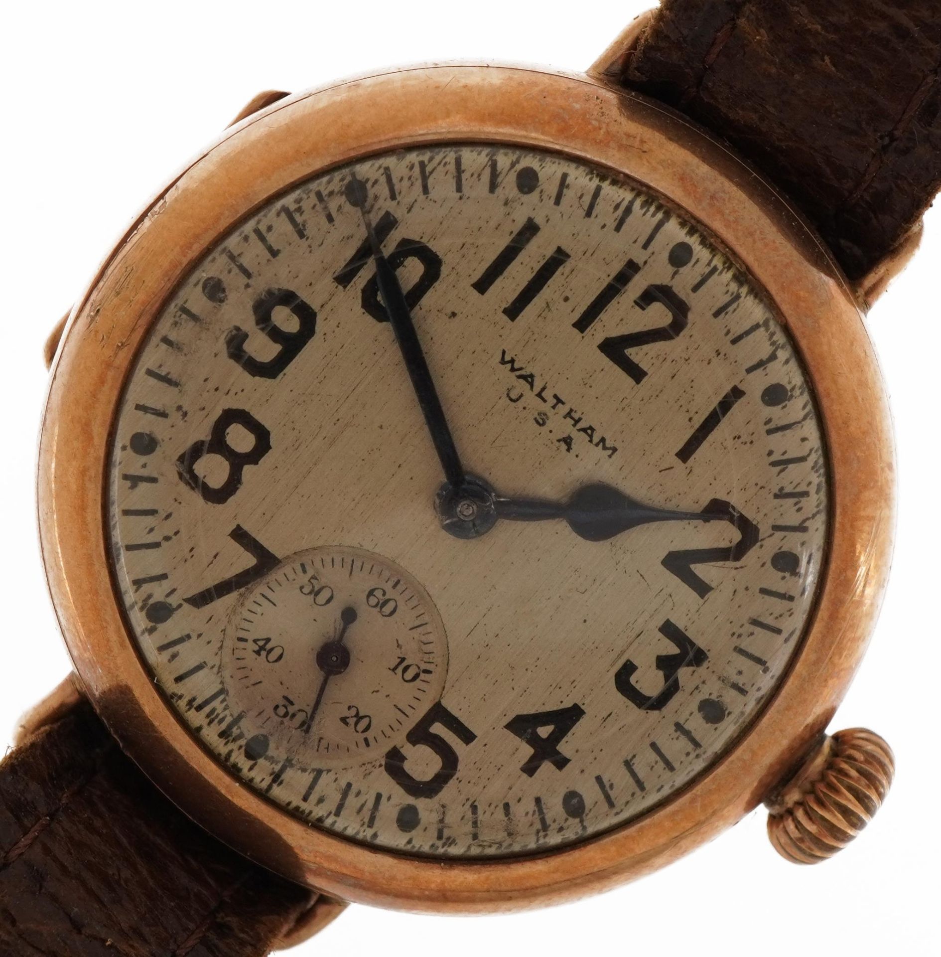 Waltham, gentlemen's 9ct gold trench wristwatch, 31.5mm in diameter : For further information on