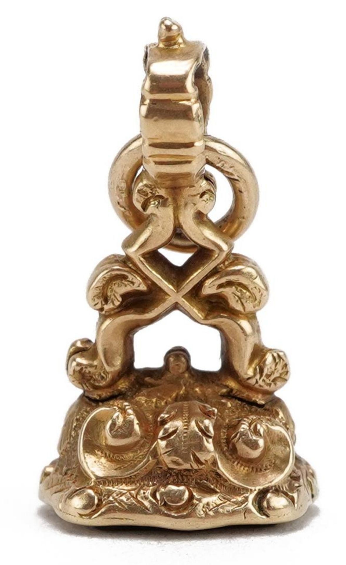 Unmarked gold hardstone seal fob charm, 1.9cm high, 1.7g : For further information on this lot
