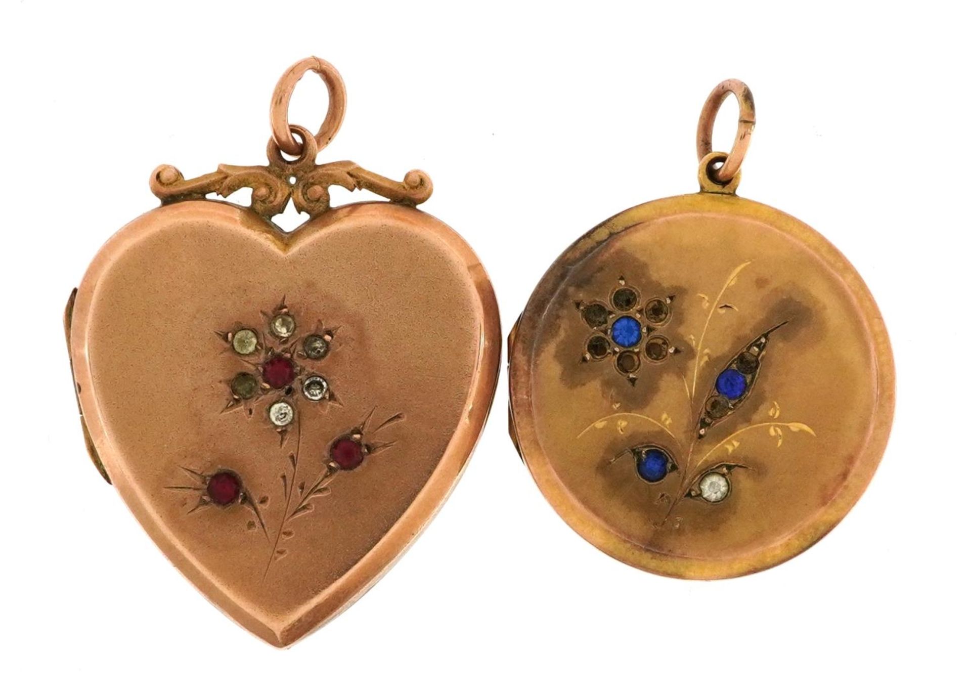 Two 9ct gold back and front lockets including a love heart example set with pink and clear stones,